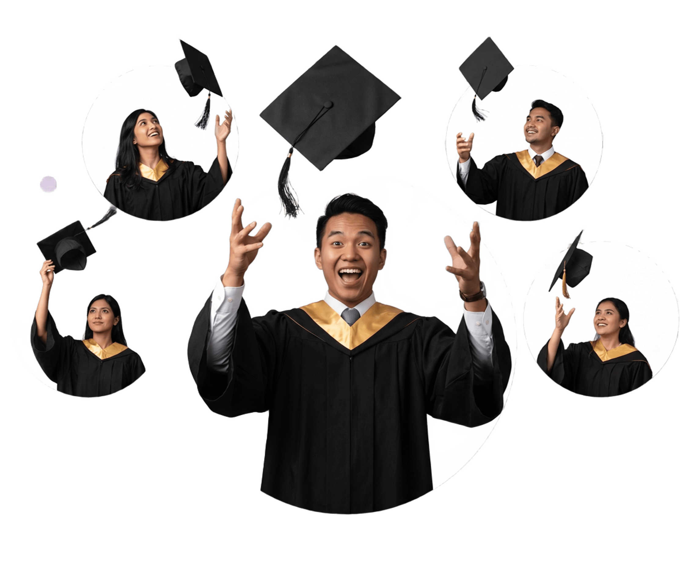 Lulusan merayakan kelulusan dan melempar topi wisuda